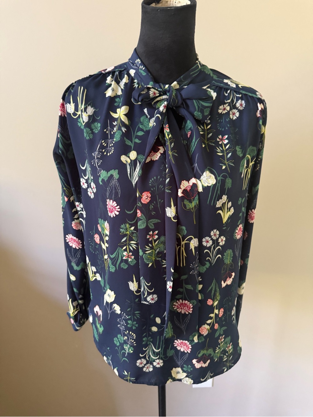 LOFT Navy Floral Tie-Neck Blouse with Pink & Green Accents Medium